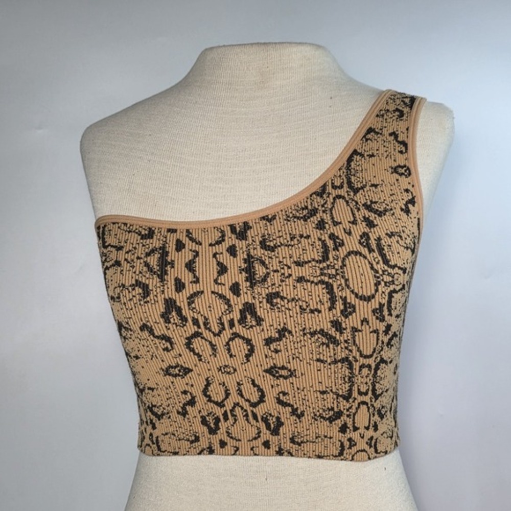 Papaya Ribbed One Shoulder Animal Snake Skin Print Crop Tank Top Tan Size Small